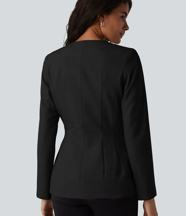 Wrinkle Recovery U Neck Long Sleeve Work Linen-Feel Blazer