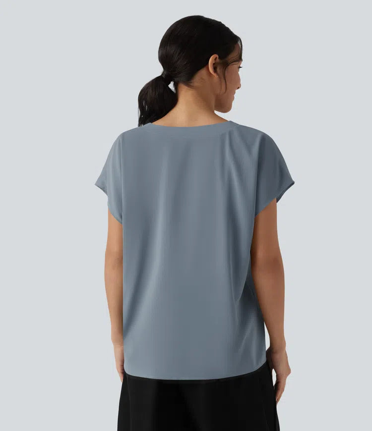 Wrinkle Recovery V-neck Short Sleeve Oversized Work Blouse