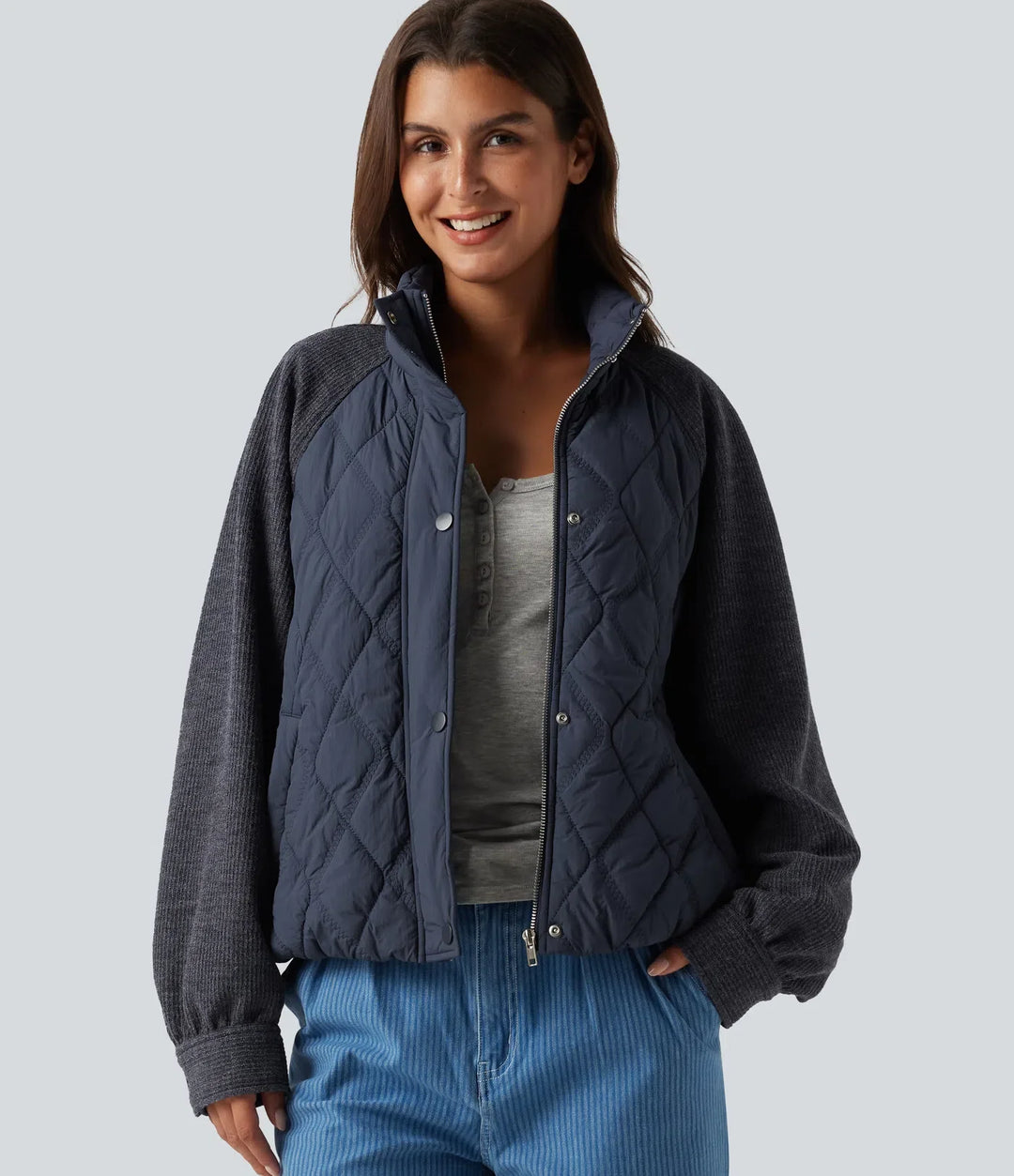High Neck Long Sleeve Raglan Casual Padded Jacket with Pockets