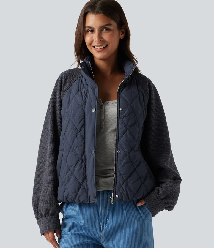 High Neck Long Sleeve Raglan Casual Padded Jacket with Pockets