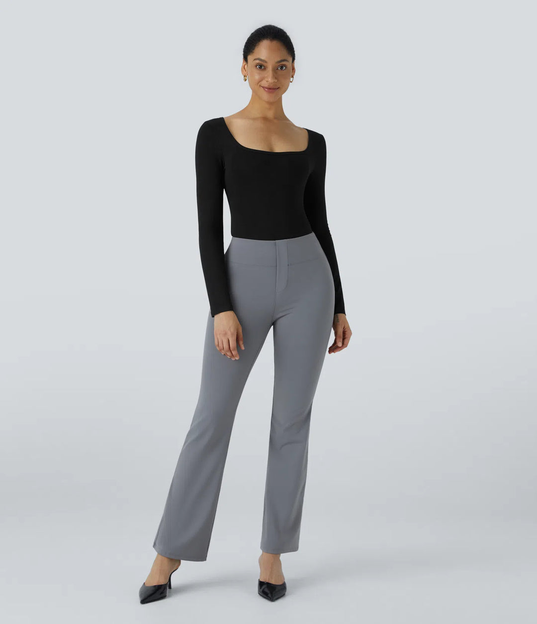 U Neck Long Sleeve Snap Button Skinny Work Bodysuit
