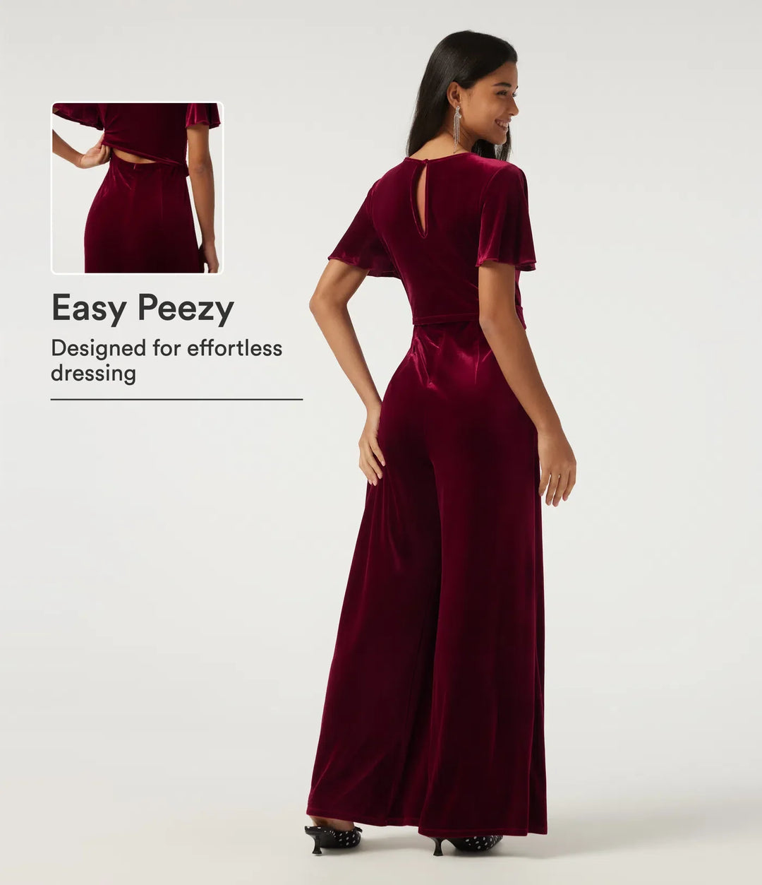 Round Neck Flounce Short Sleeve Keyhole Back Tie Front Velvet Party Jumpsuit with Pockets -Easy Peezy Edition