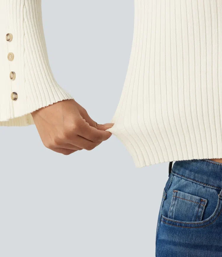 Ribbed Knit Stand Collar Flounce Sleeves Asymmetric Hem Slim Work Jumper