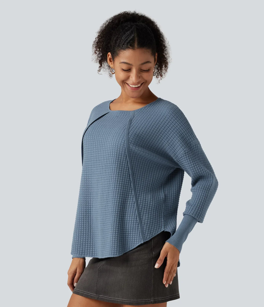 Round Neck Bishop Long Sleeve Curved Hem Casual Jumper