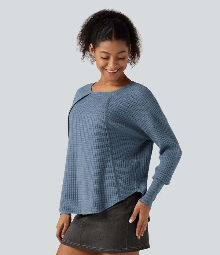 Round Neck Bishop Long Sleeve Curved Hem Casual Jumper
