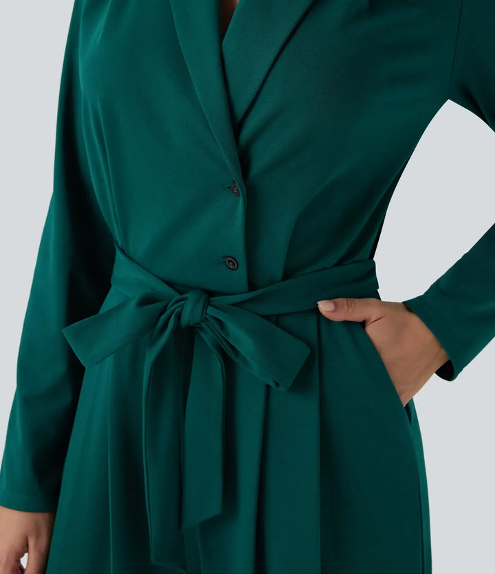 V-neck Long Sleeve Belted Jumpsuit with Pockets-Easy Peezy