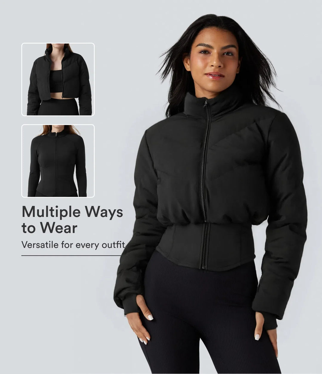 PuffFlex 3-in-1 Stand Collar Casual Cropped Puffer Coat &amp; Thumb Holes Curved Hem Jacket with Pocket