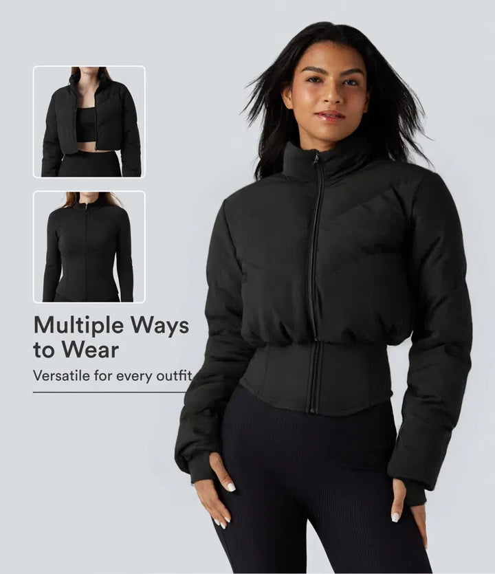 PuffFlex 3-in-1 Stand Collar Casual Cropped Puffer Coat &amp; Thumb Holes Curved Hem Jacket with Pocket