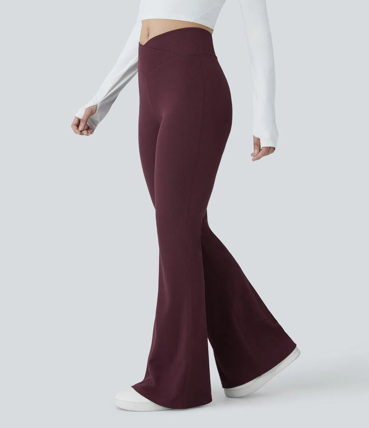 Crossover High Waisted Pocket Waffle Casual Flared Trousers