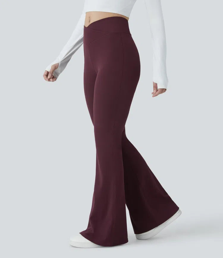 Crossover High Waisted Pocket Waffle Casual Flared Trousers