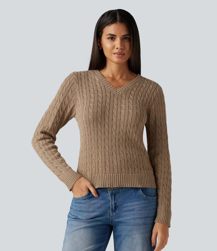Cable Knit V Neck Long Sleeve Work Jumper