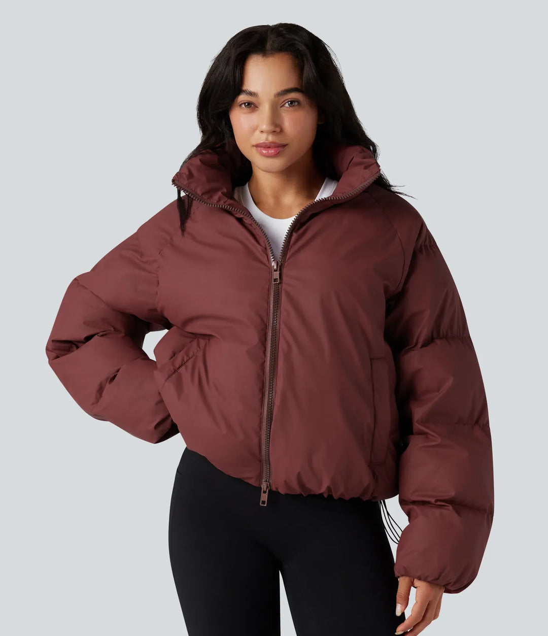 High-neck Drawstring Hem Oversize Casual Puffer Jacket with Pockets