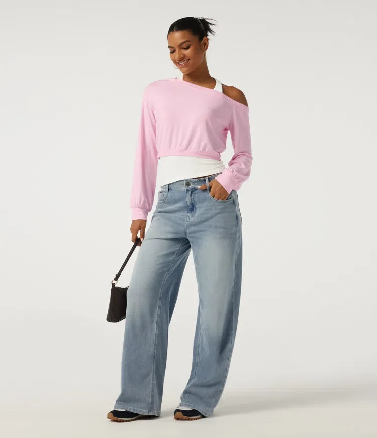 Halter One Shoulder Long Sleeve 2-in-1 Asymmetric Color Block Casual Sweatshirt