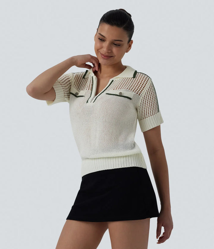 Half Zip Short Sleeve Cut Out Color Block Casual Jumper