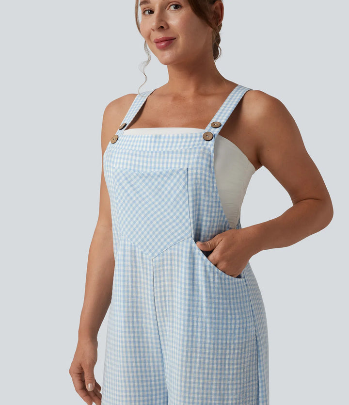 Plaid Casual Linen-Feel Dungarees with Pockets