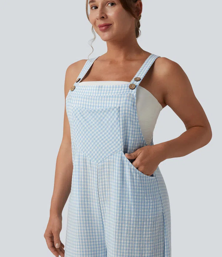 Plaid Casual Linen-Feel Dungarees with Pockets