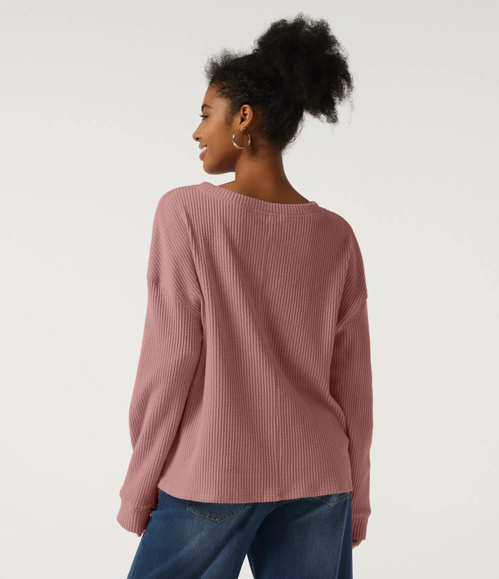Round Neck Long Sleeve Dropped Waffle Casual Sweatshirt with Pocket