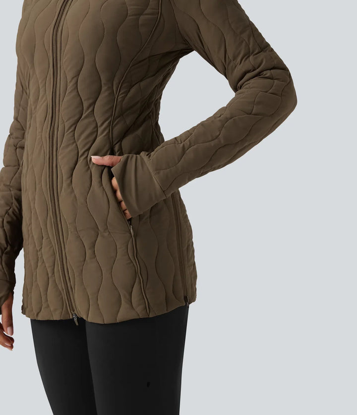 PuffFlex High Neck Long Sleeve Thumb Hole Zipper Workout Quilted Jacket with Pockets