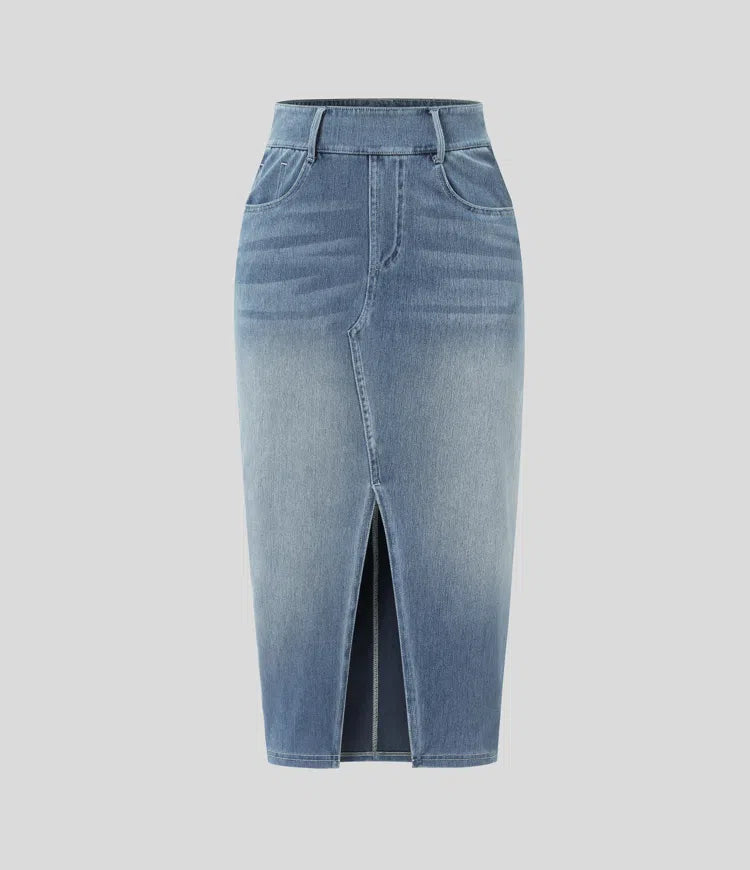 Halara Flex High Waisted Pockets Bodycon Washed Denim Casual Midi Skirt