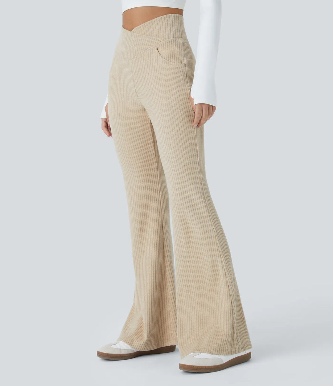 Ribbed Knit Crossover High Waisted Pocket Casual Flare Trousers