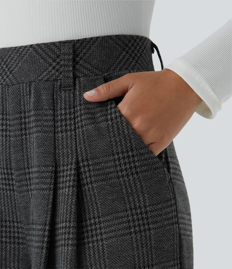 High Waisted Pocket Wide Leg Houndstooth Plaid Casual Trousers