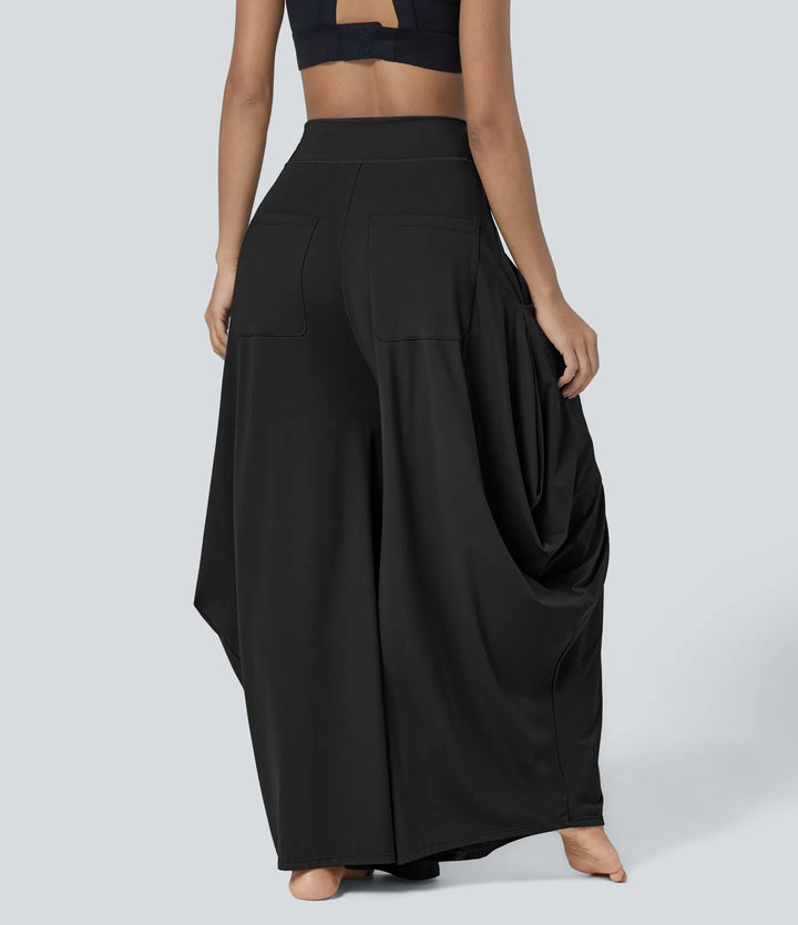 Mid Rise Multiple Pockets Draped Wide Leg Casual Trousers