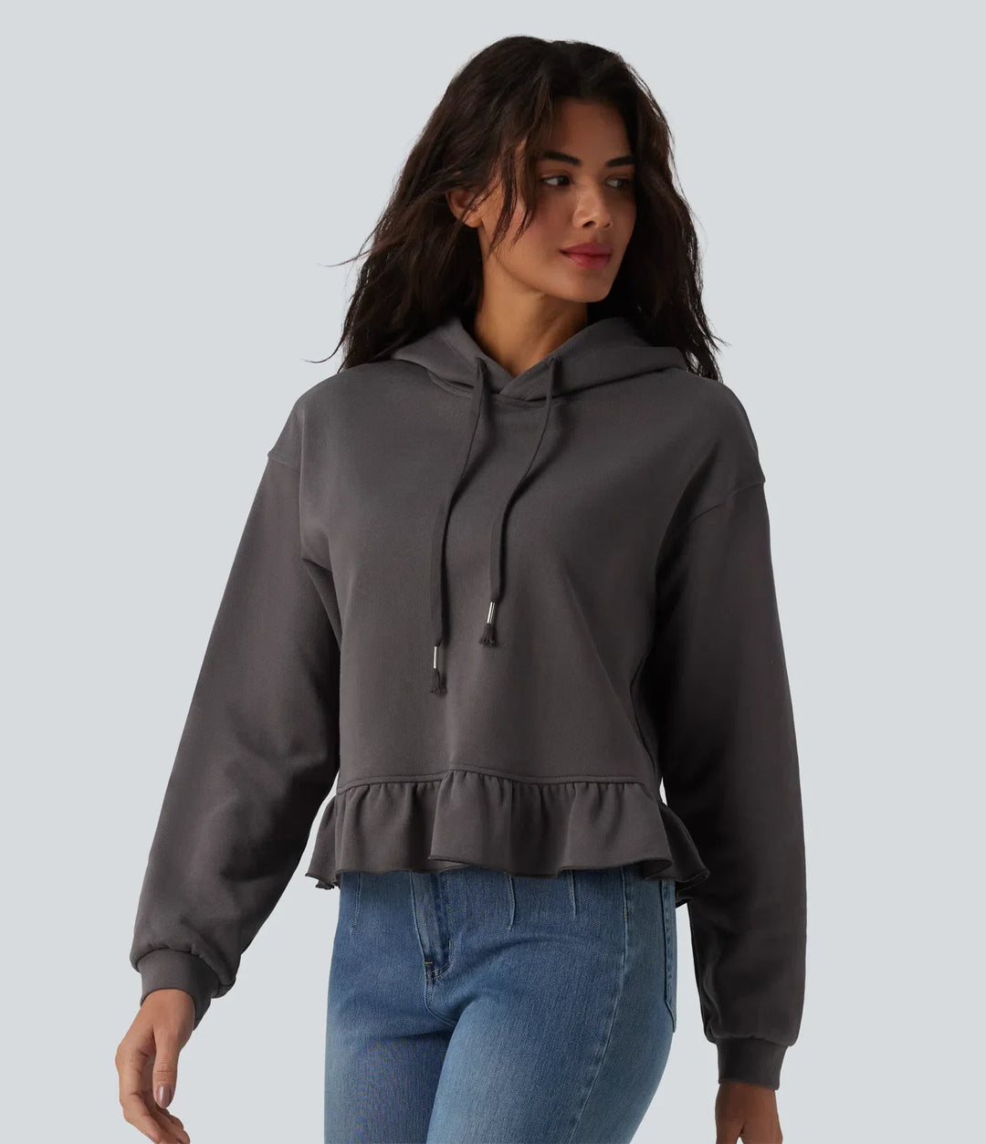 Hooded Drawstring Long Sleeve Ruffle Hem Casual Cotton Sweatshirt