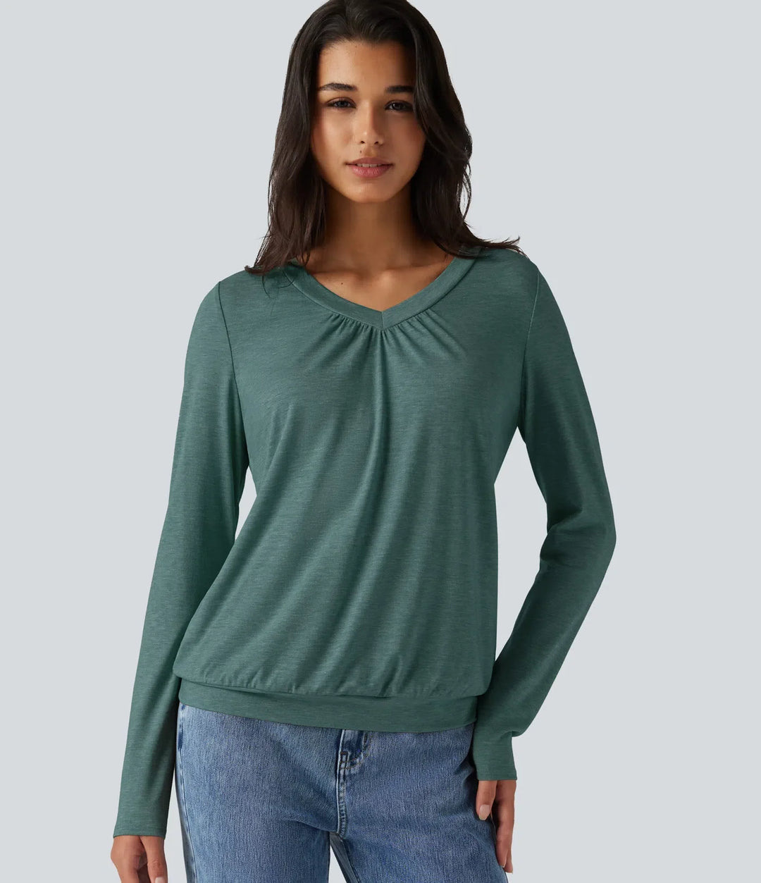 V Neck Ruched Long Sleeve Casual Top