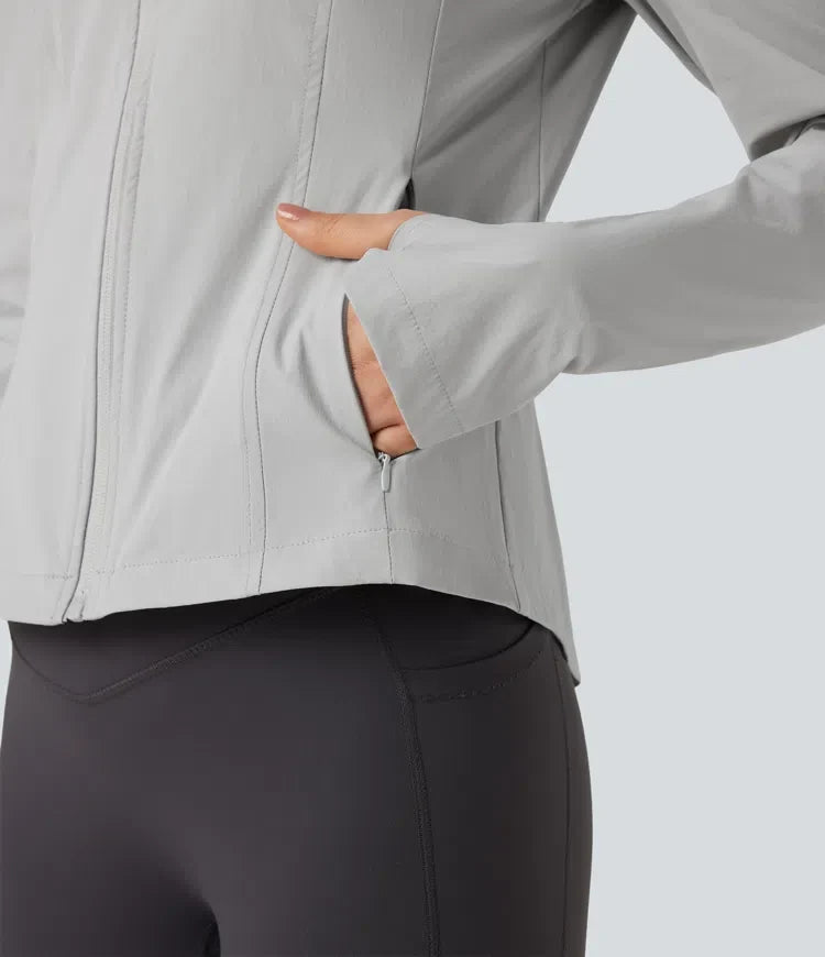 Hooded Long Sleeve Thumb Hole Zipper Hiking Jacket with Pockets-UPF40+