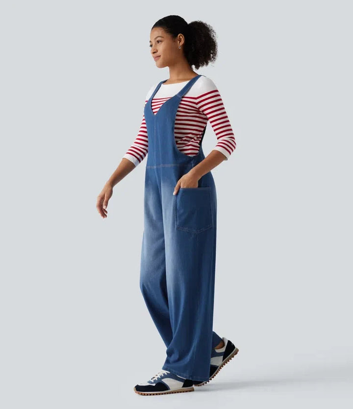 Halara Flex V Neck Wide Leg Denim Casual Overalls with Pockets