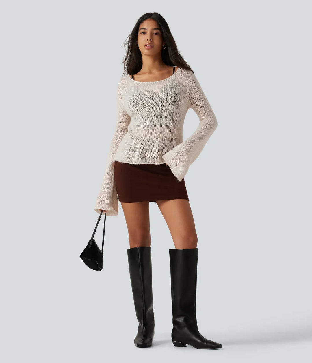 Boat Neck Flounce Long Sleeve Tie Back Casual Wool-Blend Jumper