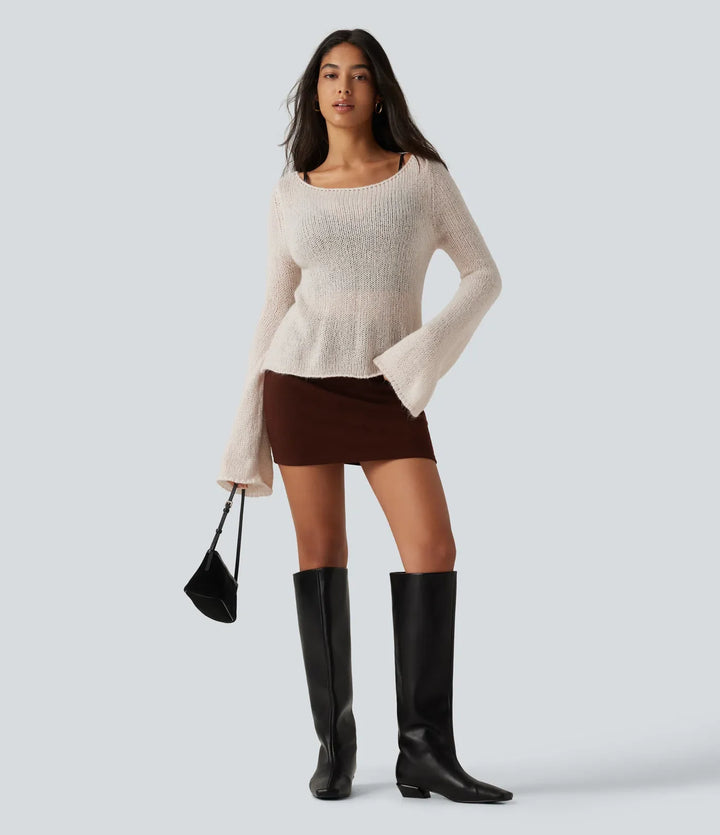 Boat Neck Flounce Long Sleeve Tie Back Casual Wool-Blend Jumper