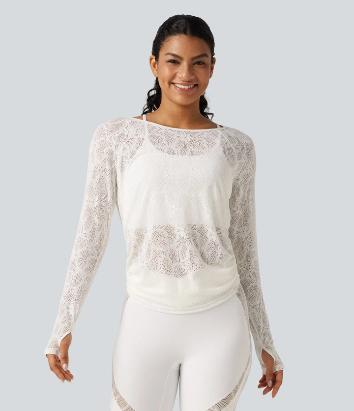 Cut Out Long Sleeve Thumb Hole Ruched Lace Yoga Sports Top
