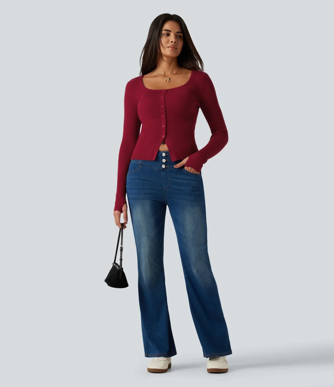 Square Neck Long Sleeve Thumb Hole Casual Jumper