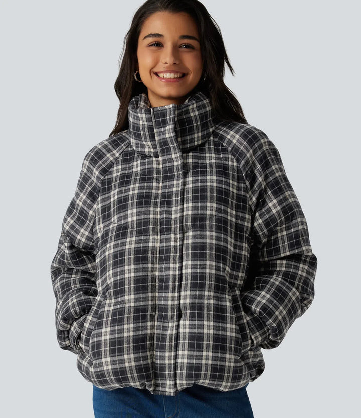 Stand Collar Long Sleeve Plaid Casual Padded Jacket with Pockets