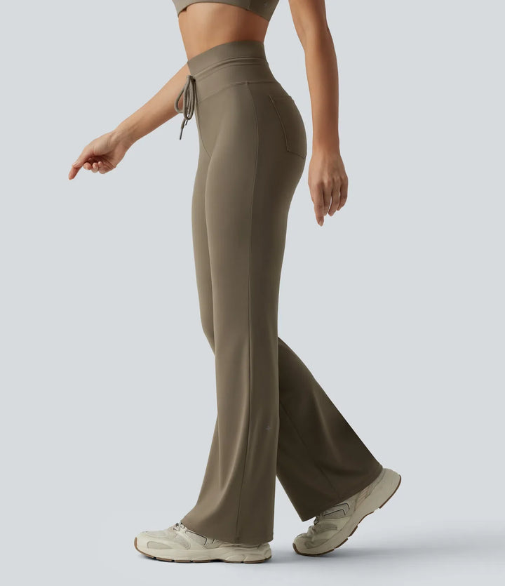 High Waisted Drawstring Plain Flare Yoga Trousers with Pockets