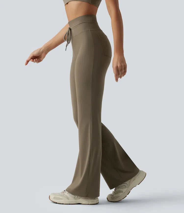 High Waisted Drawstring Plain Flared Yoga Trousers with Pockets