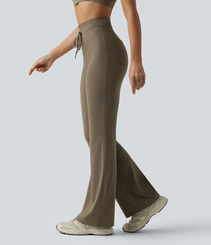 High Waisted Drawstring Plain Flared Yoga Trousers with Pockets