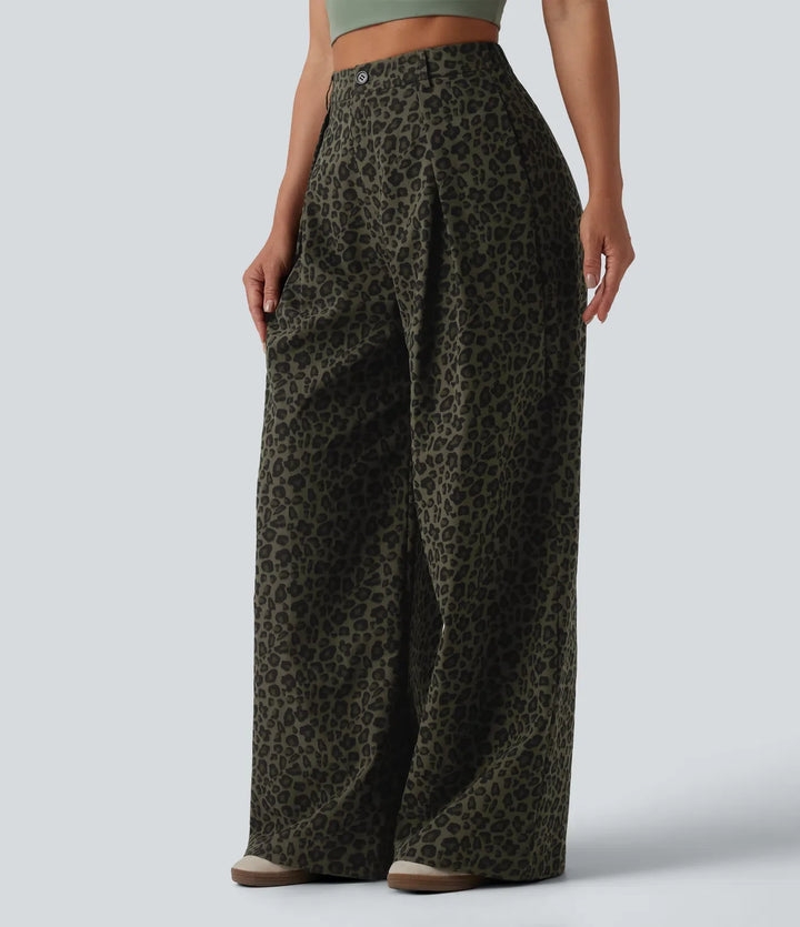 Mid Rise Wide Leg Baggy Leopard Print Casual Trousers with Pockets