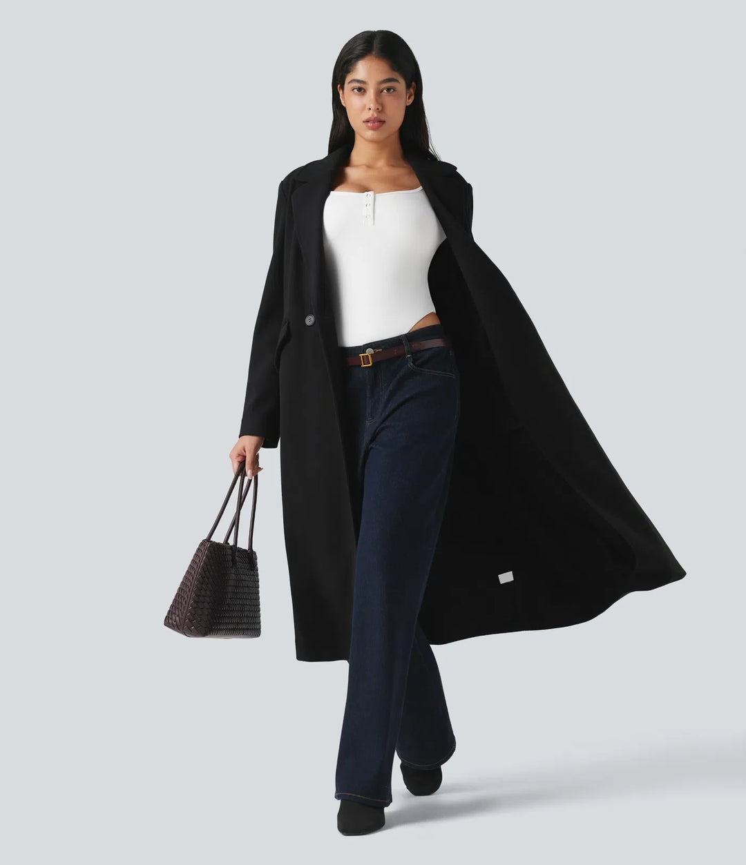 Notched Collar Long Sleeve Longline Fleece Casual Coat with Pockets