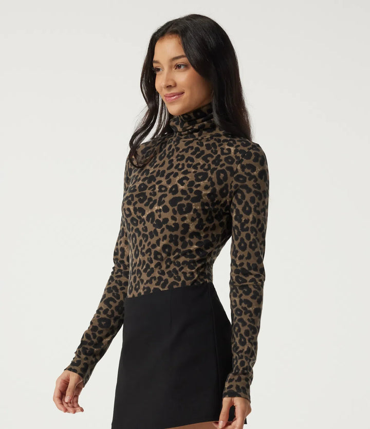 Stacked Mock Neck Long Sleeve Leopard Print Casual T-Shirt