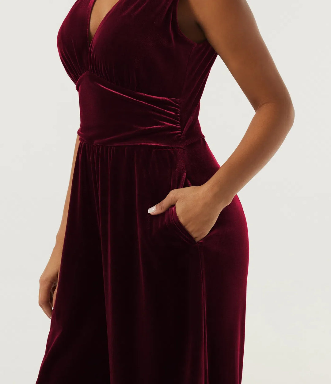 V Neck Ruched Wide Leg Velvet Party Jumpsuit with Built-in Bra and Pockets -Easy Peezy Edition