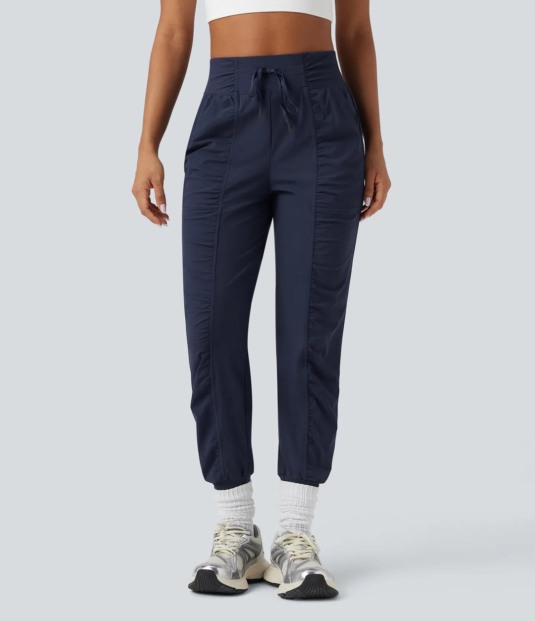 High Waisted Drawstring Ruched Tapered Quick Dry InstantCool Dance Joggers with Pockets-UPF40+