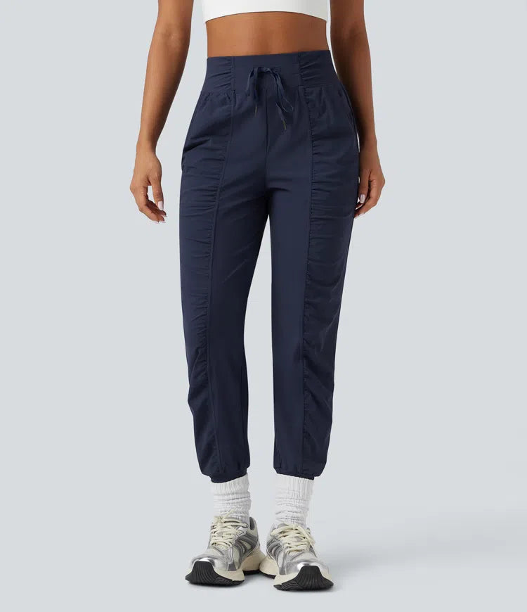 High Waisted Drawstring Ruched Tapered Quick Dry InstantCool Dance Joggers with Pockets-UPF40+