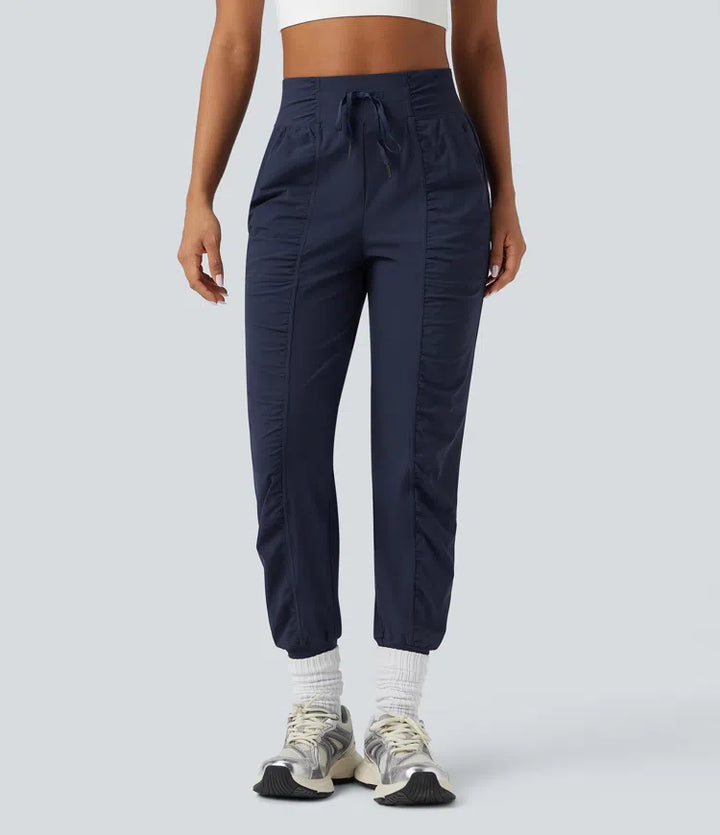 High Waisted Drawstring Ruched Tapered Quick Dry InstantCool Dance Joggers with Pockets-UPF40+