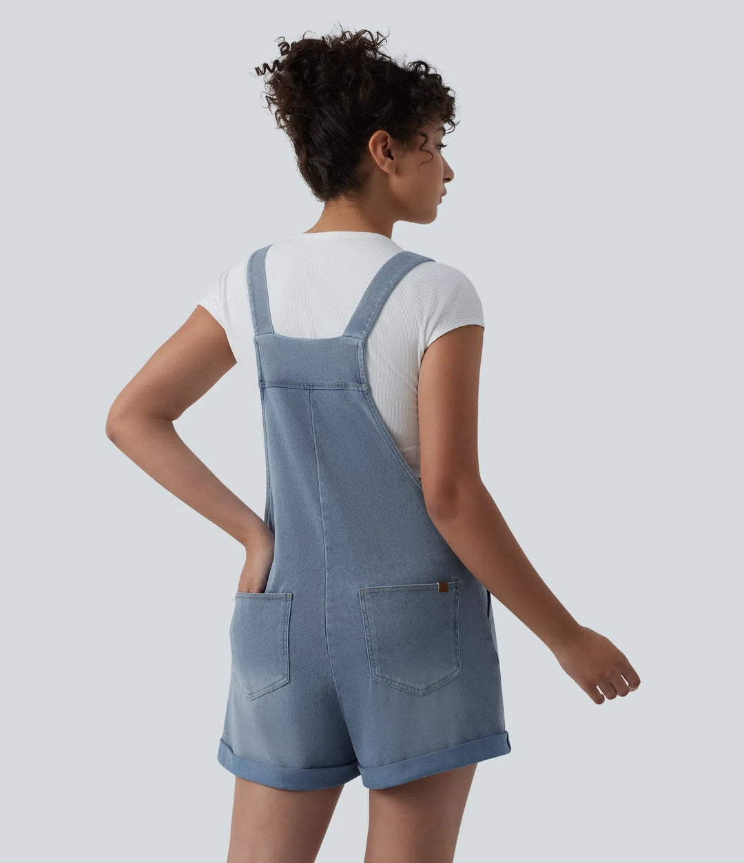 Halara Flex Square Neck Rolled Hem Denim Casual Short Overalls with Pockets