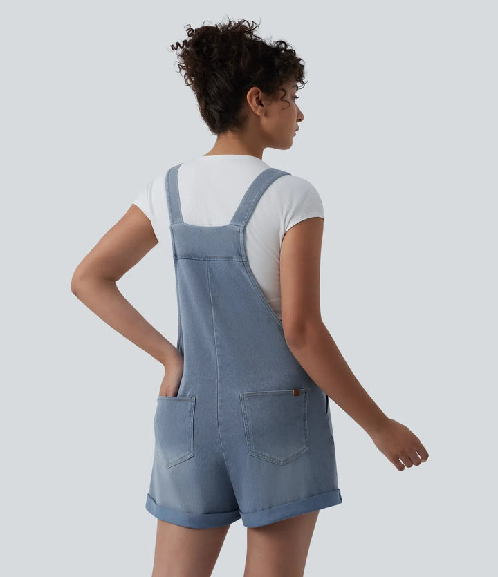 Halara Flex Square Neck Rolled Hem Denim Casual Short Overalls with Pockets