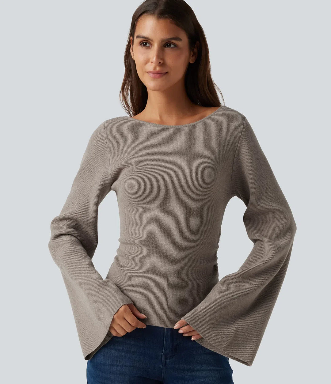 Boat Neck Flounce Long Sleeve Casual Jumper