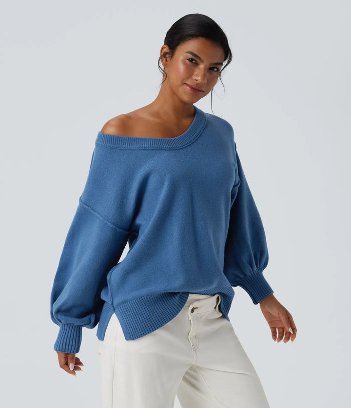 V Neck Dropped Shoulder Long Sleeve Split Casual Jumper
