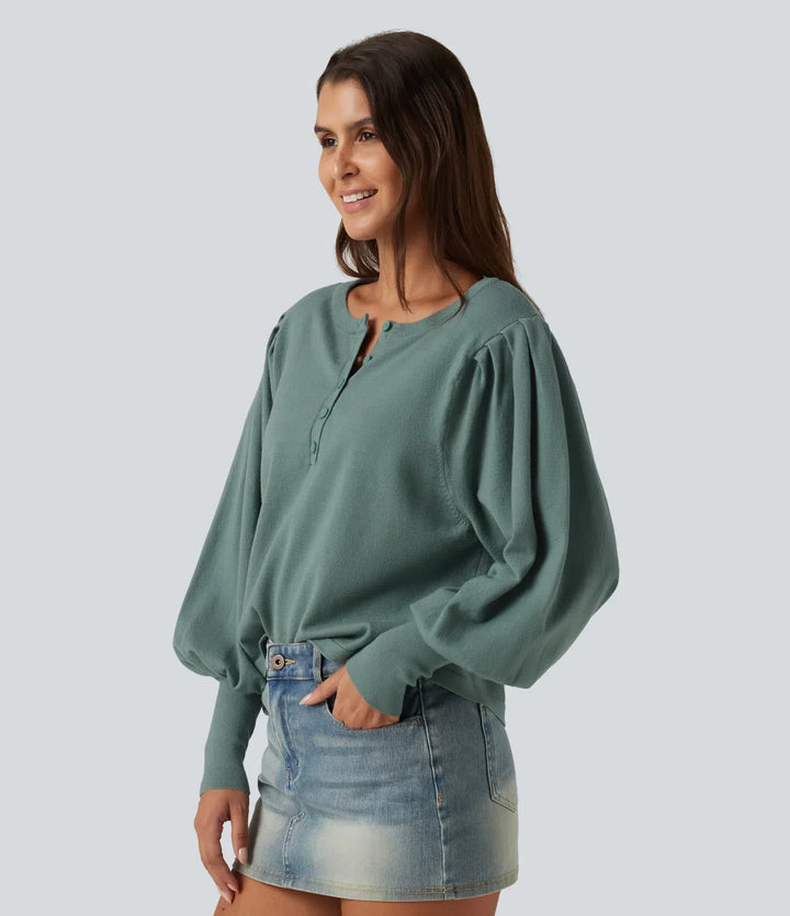 Henley Neck Puff Long Sleeve Relaxed Work Jumper